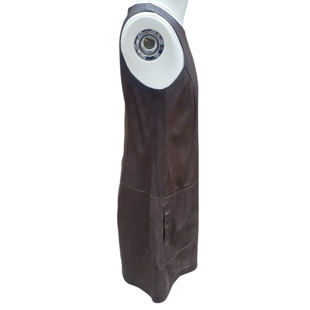 Vince Dark Brown Leather Shift Dress Size 10 | Minimalist Designer Moto Style - Picture 5 of 9